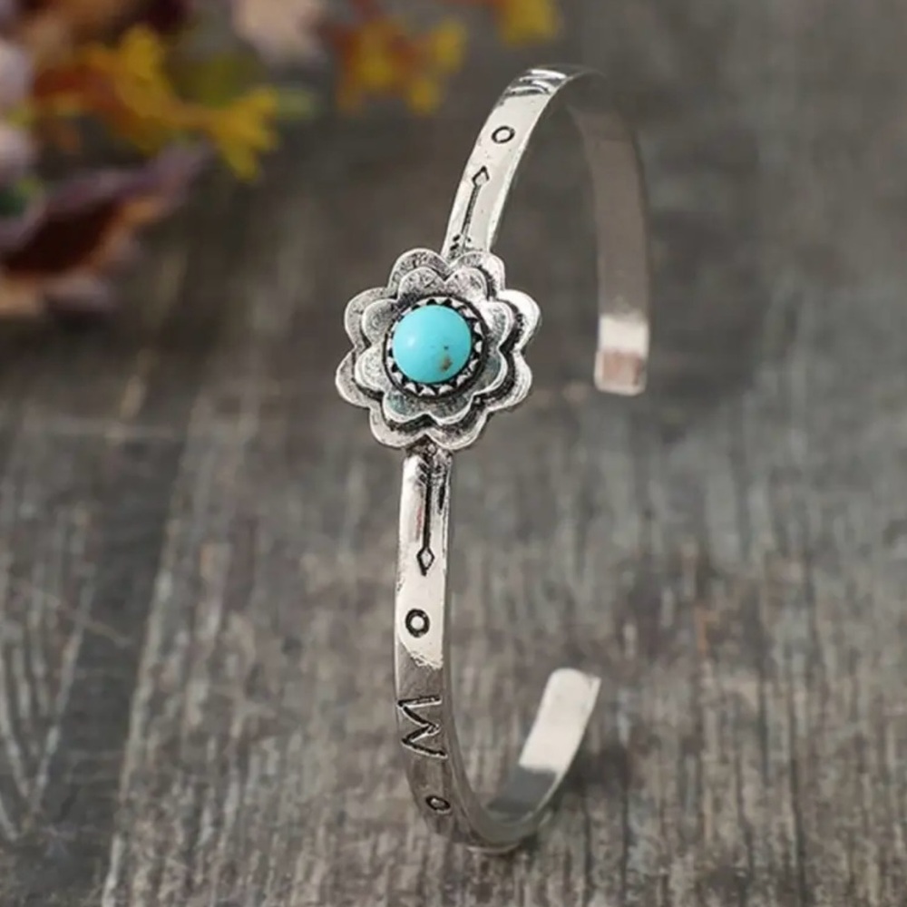 Silver Plated Floral Boho Bracelet with Turquoise Accent - Picture 4 of 5